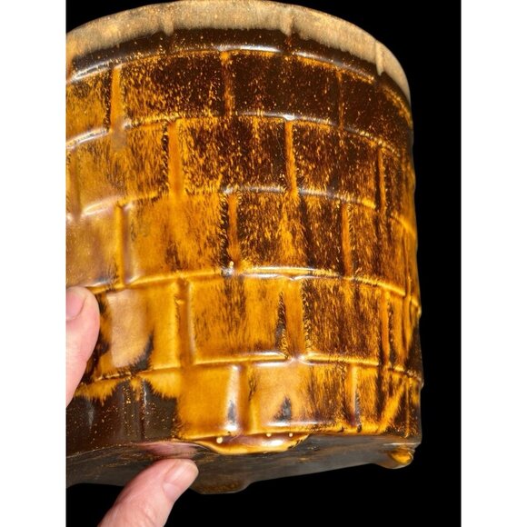 Vintage 1970s Ceramic Gold Drip Glaze Basket Style Planter Pot 6" Marked - Picture 7 of 12